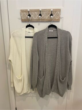 DUO Chunky Open-Front Cardigan Sweater - Cream and Gray